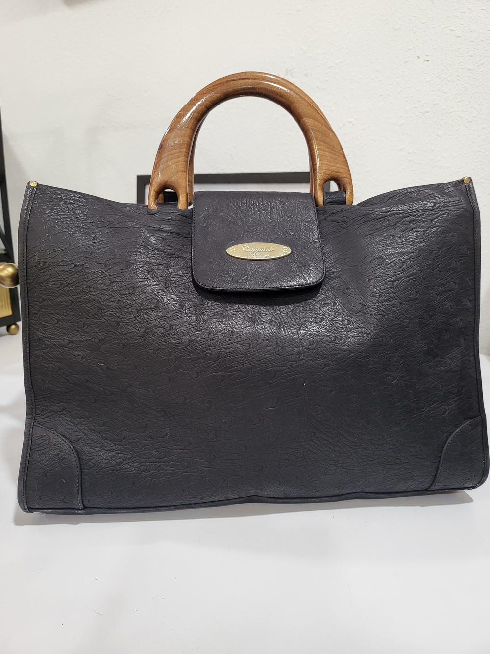 Black Vintage Caggiano Leather Florence Italy Ostrich Embossed Top Handle Tote